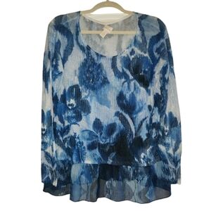 Chico's Size 2 Blue Floral Long Sleeve Top Sheer Ruffle Hem Cottagecore Boho
